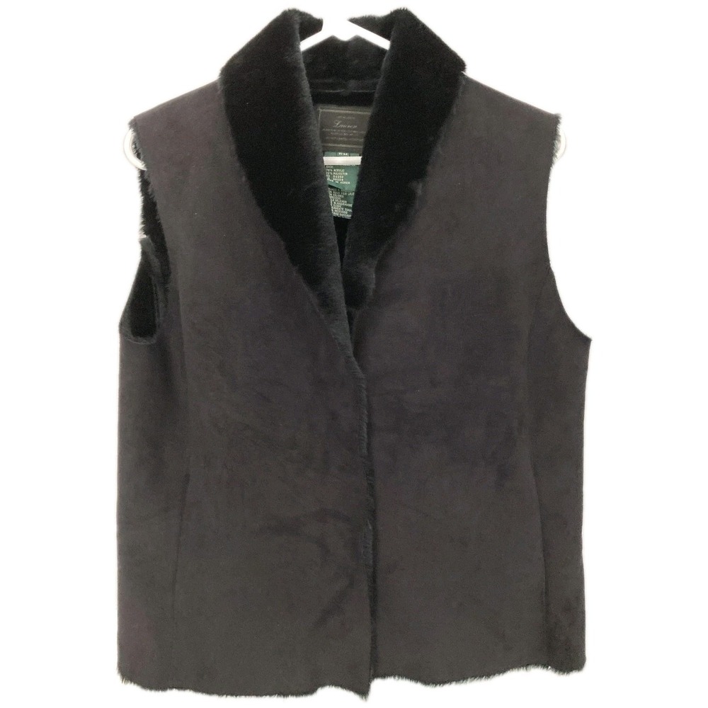 Vtg Lauren Ralph Lauren Vest Women Petite M Black Shearling Lined Open Front EUC